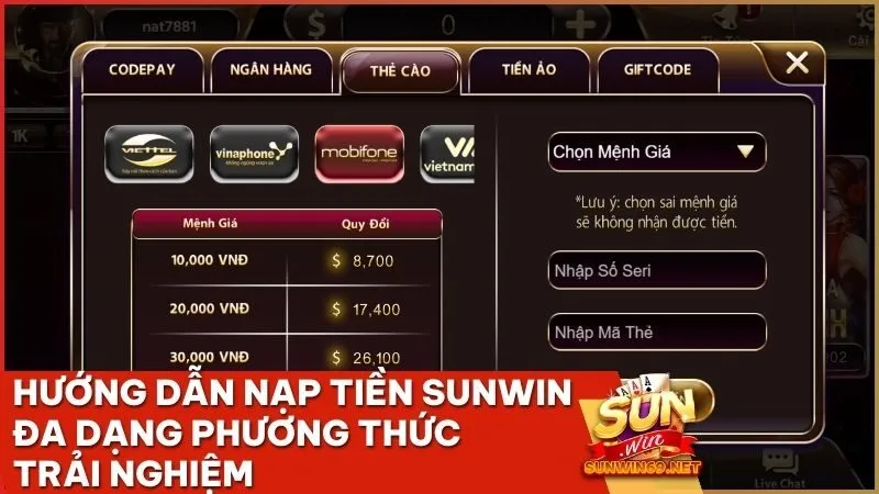 Hướng dẫn nạp tiền Sunwin